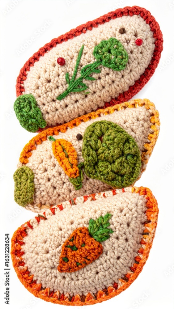 Poster three handmade crochet ornaments displayed on white surface in studio setting