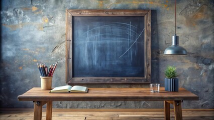 Rustic Wooden Desk with Chalkboard, Pencils, Book, and Pendant Light in a Room with a Textured Wall