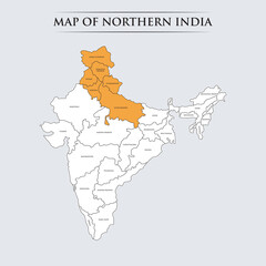 Map of northern India with detailed geographic regions and state borders	