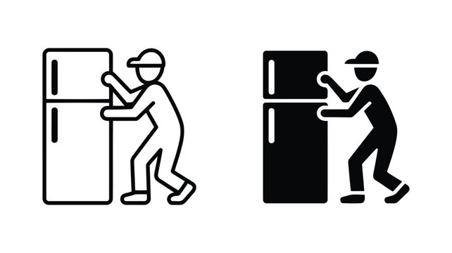 Delivery worker moving refrigerator, line art and solid icon set, appliance installation, efficient service, home delivery, professional movers, simple pictogram, black and white, vector illustration.