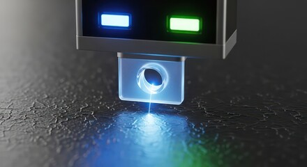 Futuristic Laser Engraver with Glowing Blue and Green Lights Etching a Dark Surface.
