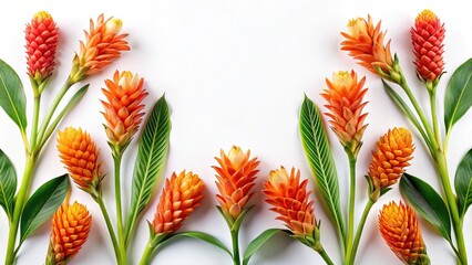 Beautiful arrangement of orange and red ginger flowers on white background studio shot
