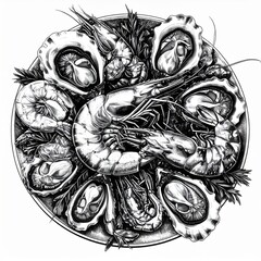 Vintage Seafood Platter with Oysters and Shrimp Black and White Artistic Design