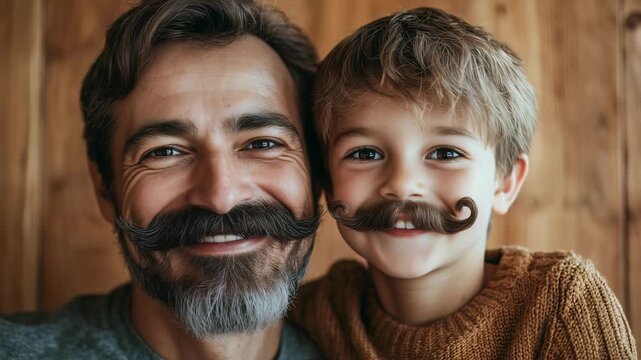 Father and son share a joyful moment with playful mustaches in a cozy, wooden setting