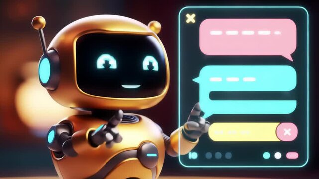 Generic robot with luminous turquoise accents interacts with a glowing chat interface, set against a warm bokeh backdrop. Focus is on modern tech and friendly design.