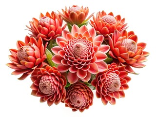 A beautiful arrangement of torch ginger flowers in full bloom on white