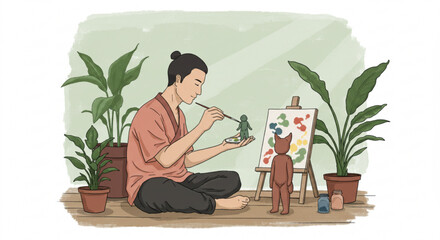 Person painting a figure with a calm mood sitting on the floor surrounded by plants