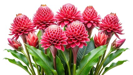 Beautiful arrangement of vibrant red Torch Ginger flowers against a white background