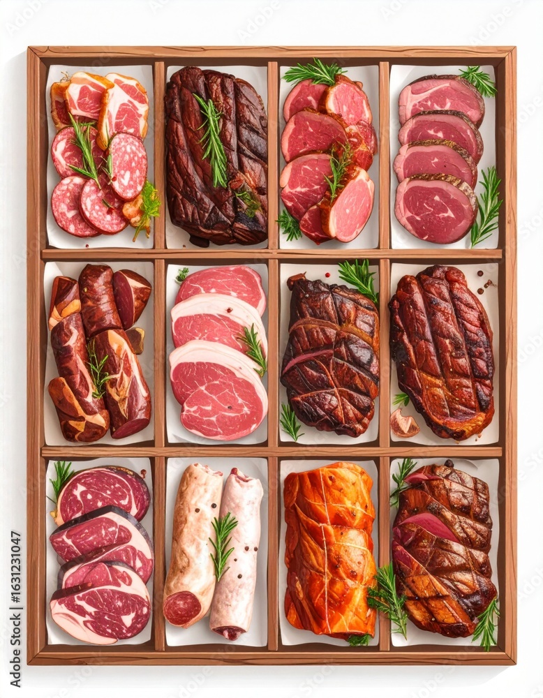 Poster assorted raw meat cuts in a wooden box tray with rustic charm top down view