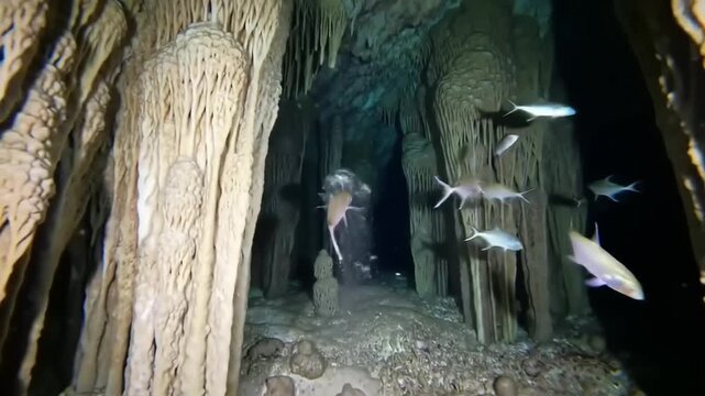 Underwater cave formations with fish