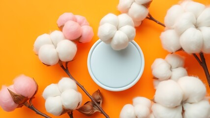 Delicate cotton flower stems with pastel pink and white blooms on vibrant orange background