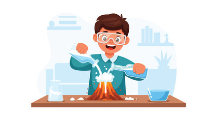 Adobe Illustrator artwork vector illustration of a science experiment with erupting model volcano in lab setting, showing chemical reaction with blue liquids and foamy explosion.
