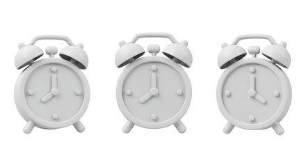 Clock Alarm: A monochromatic trio of alarm clocks with distinct time displays, set against a clean backdrop, capturing the essence of punctuality and routine.