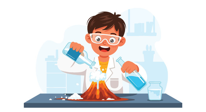 Adobe Illustrator artwork vector illustration of a science experiment with erupting model volcano in lab setting, showing chemical reaction with blue liquids and foamy explosion.