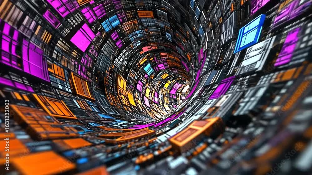 Poster abstract digital tunnel with neon colors and futuristic architecture