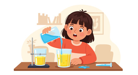 Adobe Illustrator artwork vector illustration of a science experiment at home or classroom, pouring blue liquid into yellow solution with lab tools on table and bookshelf background