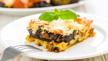 A single serving of baked eggplant lasagna with fresh basil, a delicious and healthy diet meal