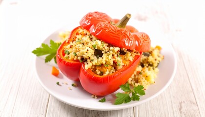 Delicious baked red bell pepper stuffed with quinoa and vegetables, a perfect healthy diet meal.