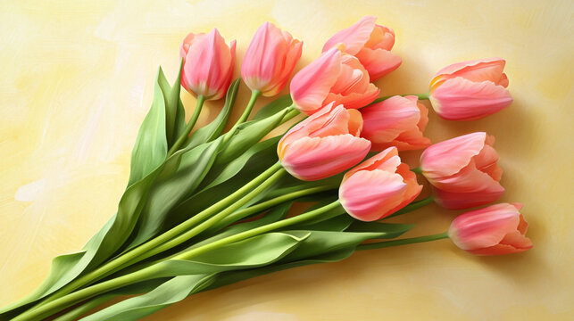 Delicate pink tulips bouquet on yellow background lovely spring flowers - Powered by Adobe