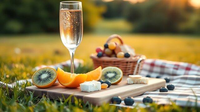 Refreshing summer picnic scene featuring champagne fruits cheese and basket on a plaid blanket