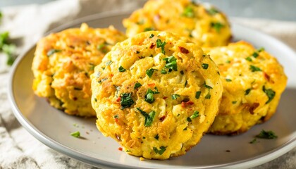 Fototapeta premium Homemade savory egg muffins with fresh herbs, a perfect low-carb diet breakfast or snack.