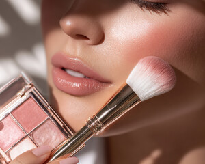 Beautiful lifestyle image of hand elegantly holding makeup brush near palette, showcasing flawless complexion and soft blush tones, evoking sense of beauty and elegance