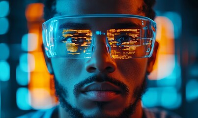 AI cyber security threat concept. Male mixed-race IT specialist analyzing futuristic holographic data information, set against a blue and orange color scheme. Augmented reality, Generative AI
