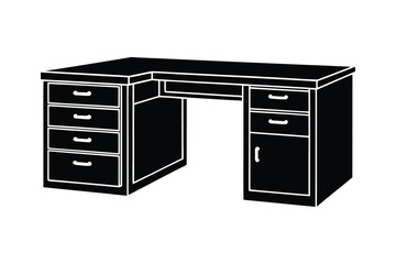 Silhouette design illustration of an L-shaped office desk with drawers and filing cabinet.eps