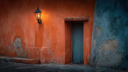 Old stone wall with a lit lantern and a door.