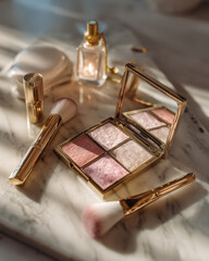 Luxurious blush palettes and brushes arranged elegantly on marble surface, complemented by stylish perfume bottle and compact. soft lighting enhances beauty of scene