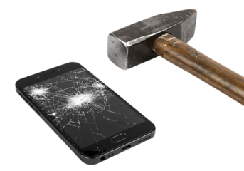 Broken Smartphone Screen and Hammer: Close-up Studio Shot of Damaged Mobile Phone and Tool