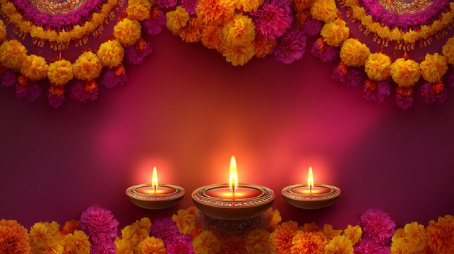Deepavali, Magenta to orange gradient, 3D traditional brass diya with flickering flame, vibrant rangoli design and marigold garlands