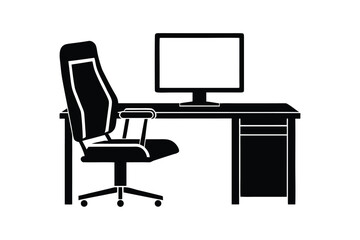 Silhouette design illustration of a gaming-style office desk with monitor stand and ergonomic chair.eps