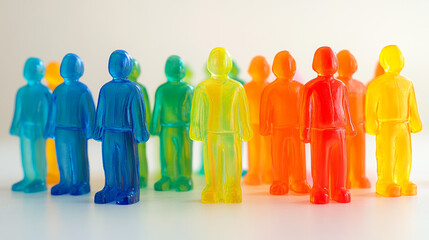 Colorful translucent figurines standing in a row representing diversity