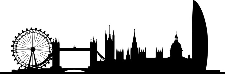 Fototapeta premium London tower silhouette, skyline, silhouette, city, architecture, vector, building, london, tower, europe, travel, cityscape, landmark, illustration, urban, church, town, paris, black, sky, view, buil