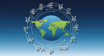Global Currency Exchange Network with World Map and Orbiting Symbols