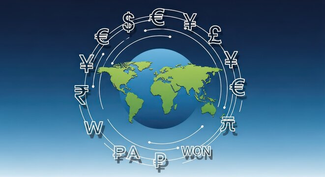 Global Currency Exchange Network with World Map and Orbiting Symbols