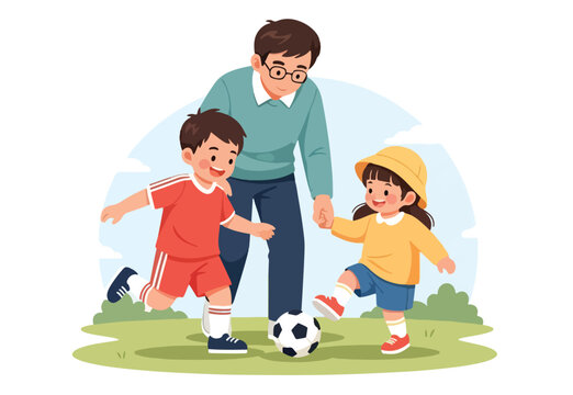 Adobe Illustrator artwork vector illustration of a father and his two child playing  soccer ball, capturing outdoor play, family bonding and active lifestyle in clean flat cartoon style