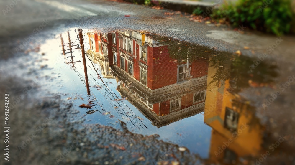 Poster reflections of an old building in a puddle.