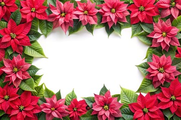 Festive Frame of Red Poinsettias with Green Leaves and White Background Space