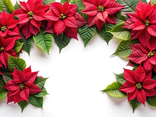 Festive Christmas Poinsettia Frame with Red Flowers and Green Leaves on White