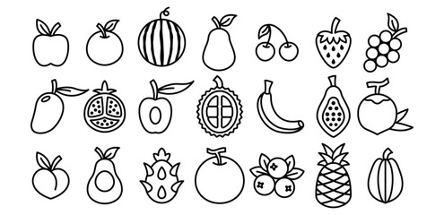 Line Art Fruit Icon Black and White Color Illustrations, Apple, Orange, Watermelon, Pear, Cherry, Grapes, Mango, Avocado, Symbol Vector Design Collections