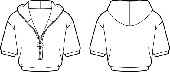 Flat sketch of half sleeve zipper hoodie front and back view, fashion technical drawing, casual streetwear design, apparel vector template for clothing mockup  Art & Illustration © Shammi's World