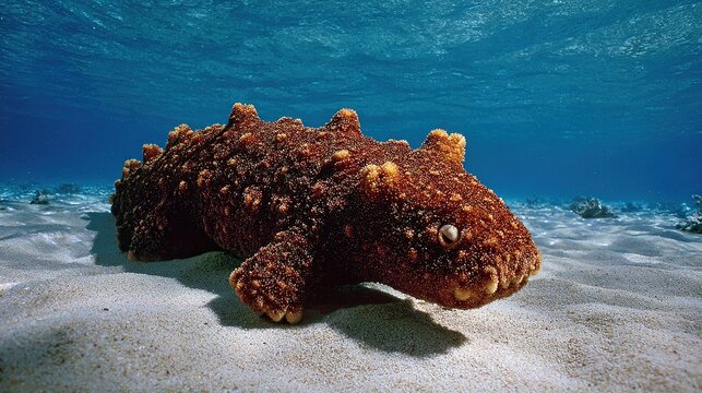 Sea cucumber on sandy seabed, textured skin with small bumps, underwater