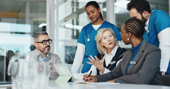 People, nurses and meeting with team in office for planning, medical report and feedback on operation. Woman, tablet and results for healthcare, surgery schedule and brainstorming of hospital funding