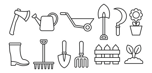 Obraz premium Line Art Gardening Icon Set Tools, Plants, and Equipment, Farming, Agriculture, Harvest, Symbol Vector Design Illustration 
