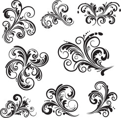 Assortment of eight black vintage floral scrollwork designs on a white background flourish decorative