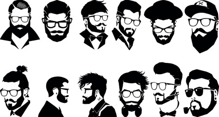 Set of hipster men's faces with beards, mustaches, glasses, and different hairstyles