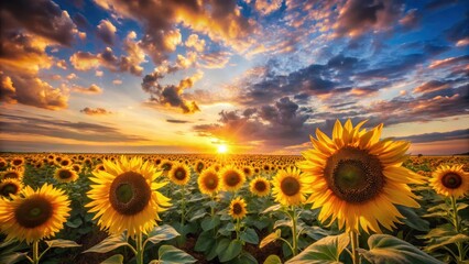 Obraz premium Golden Hour Sunflowers A Vibrant Field Basking in the Warm Glow of a Sunset