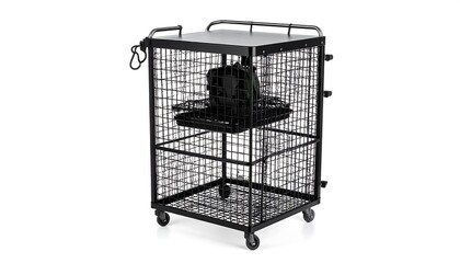 Black metal cart with wire mesh shelves